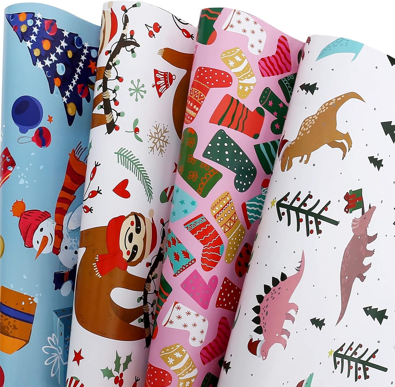 Christmas Wrapping Paper for Kids Boys Girls Baby Women Men - 12 Sheets Xmas Gift Wrap 4 Cartoon Designs Dinosaur, Sloths, Snowmen, Socks - Folded Flat, 20 Inch X 29 Inch Per Sheet